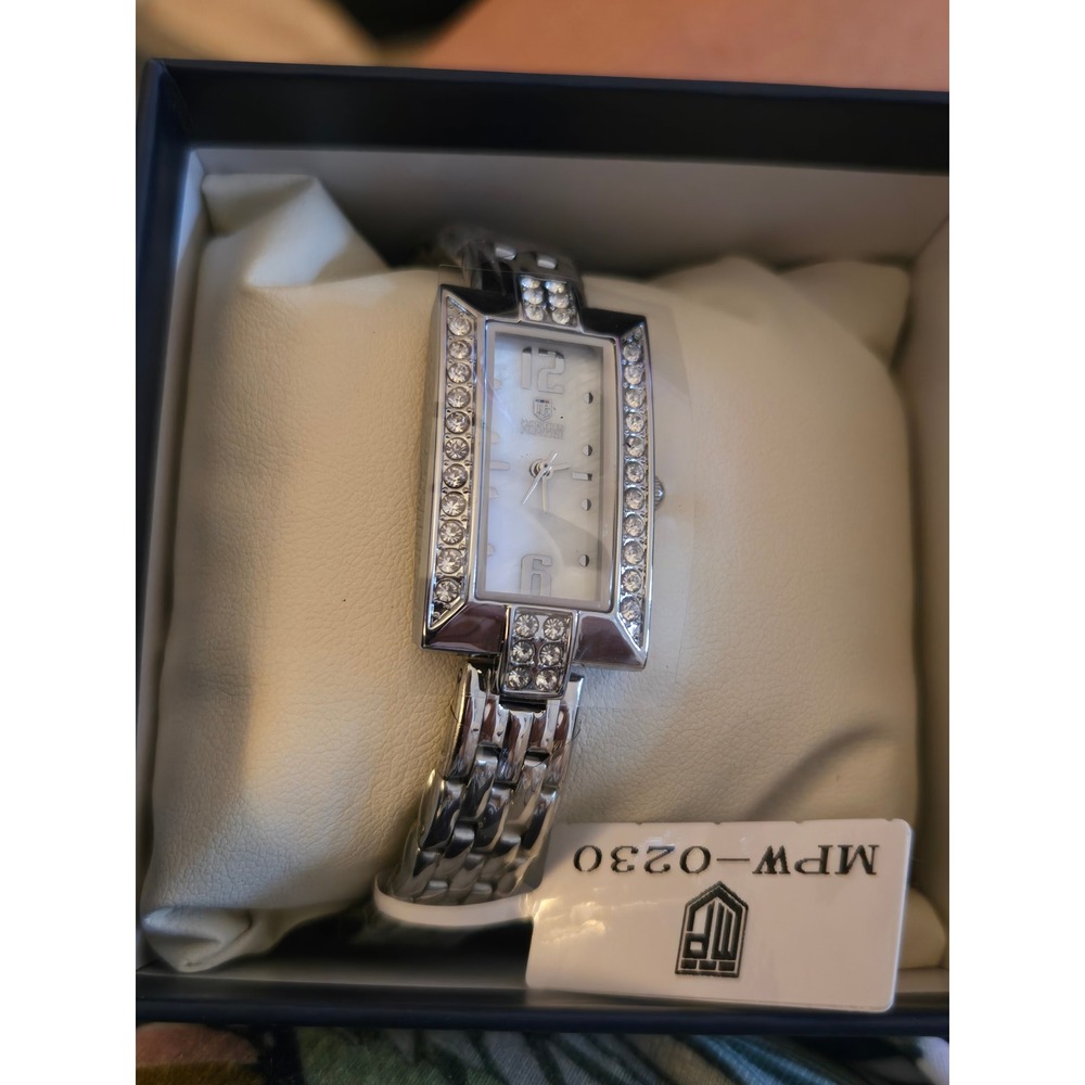 Montres Prestige Womens Silver Tone Crystal Mother of Pearl Watch MPW-0230 NEW